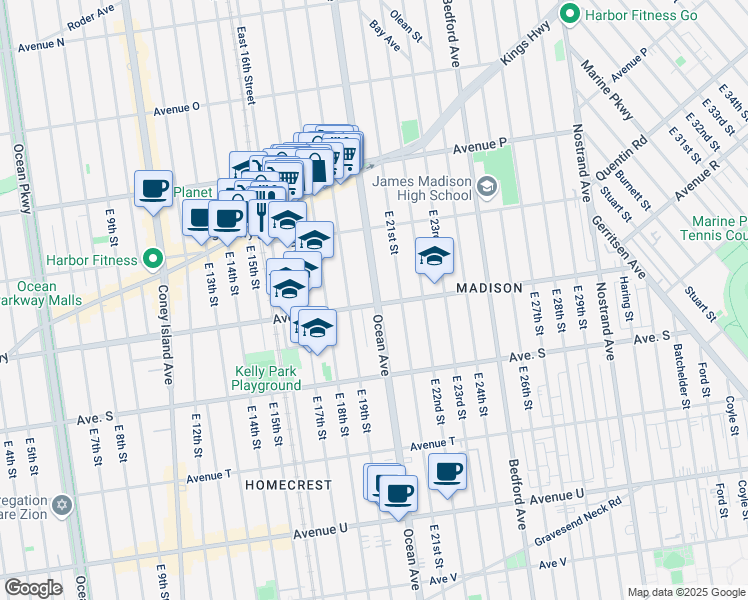 map of restaurants, bars, coffee shops, grocery stores, and more near 2258 Ocean Avenue in Brooklyn