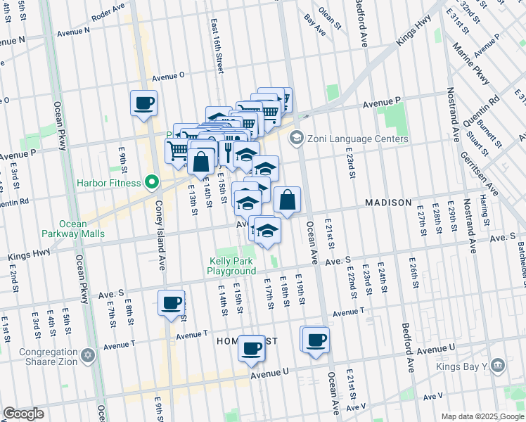 map of restaurants, bars, coffee shops, grocery stores, and more near 1784 East 17th Street in Brooklyn