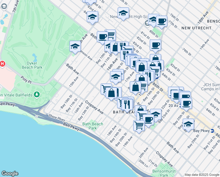 map of restaurants, bars, coffee shops, grocery stores, and more near 130 Bay 14th Street in Brooklyn