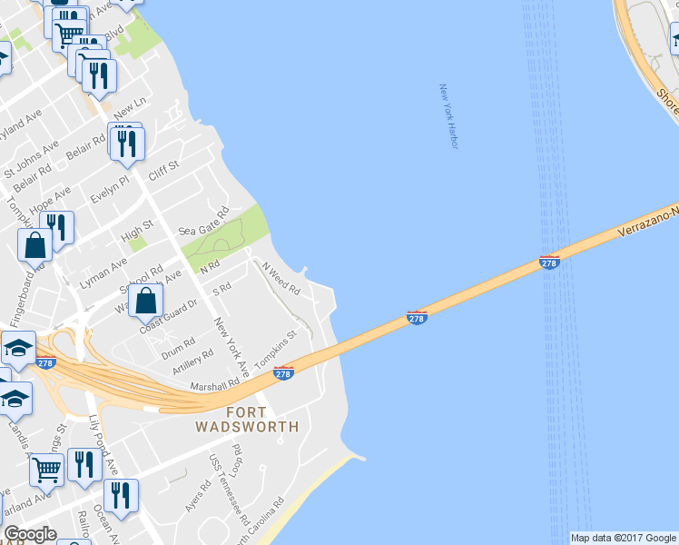 map of restaurants, bars, coffee shops, grocery stores, and more near 155 Dock Road in Staten Island