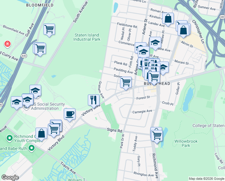 map of restaurants, bars, coffee shops, grocery stores, and more near 46 Nostrand Avenue in Staten Island