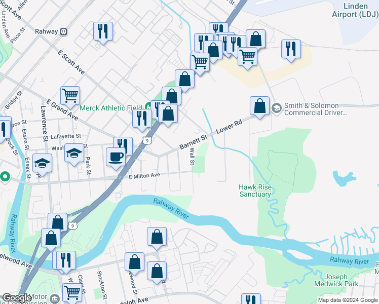 map of restaurants, bars, coffee shops, grocery stores, and more near 2080 Wall Street in Rahway