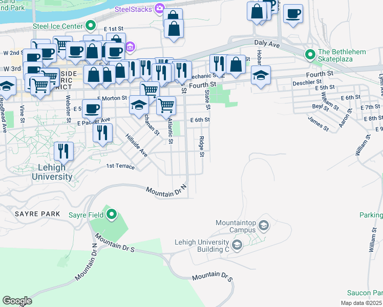 map of restaurants, bars, coffee shops, grocery stores, and more near 701 Hayes St in Bethlehem