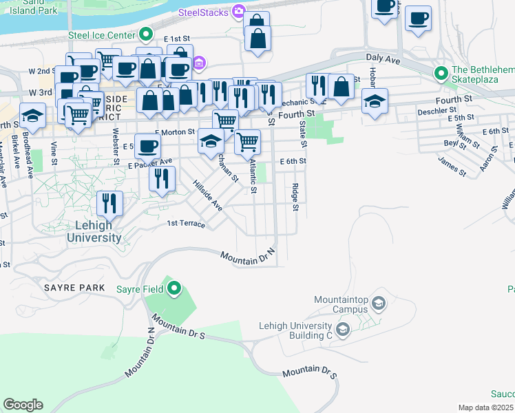 map of restaurants, bars, coffee shops, grocery stores, and more near 700 Atlantic Street in Bethlehem