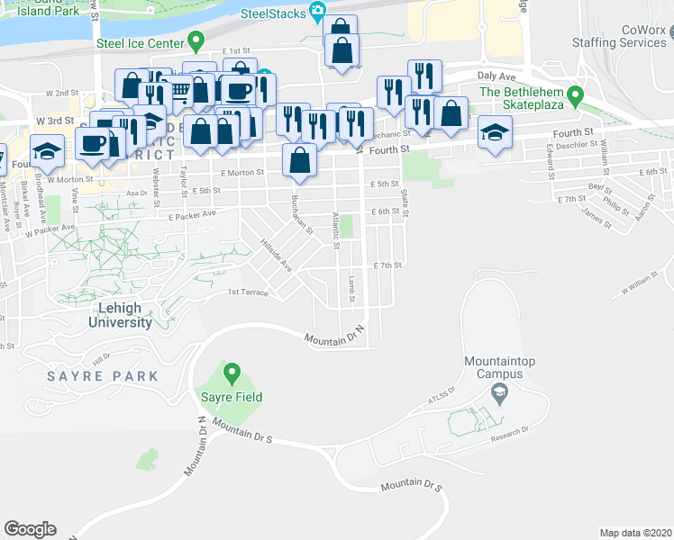 map of restaurants, bars, coffee shops, grocery stores, and more near 700 Atlantic Street in Bethlehem