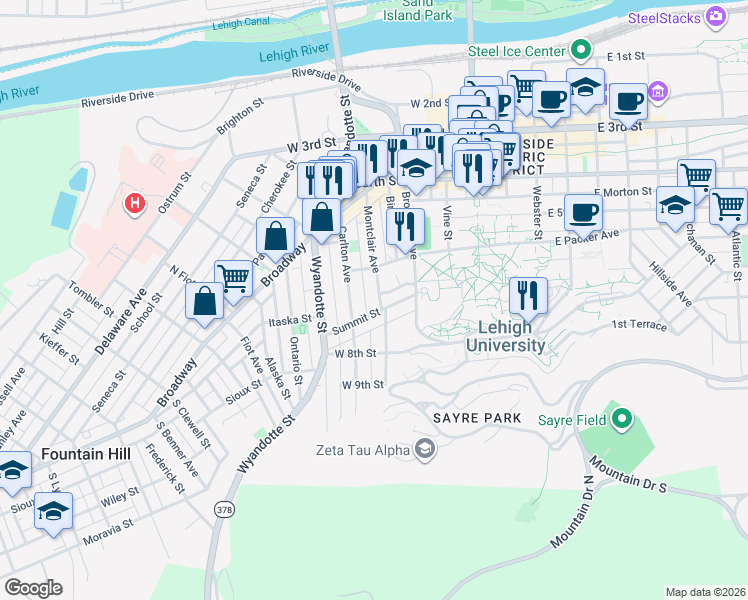 map of restaurants, bars, coffee shops, grocery stores, and more near 535 Montclair Avenue in Bethlehem