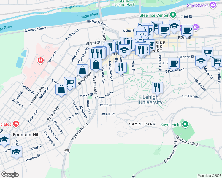 map of restaurants, bars, coffee shops, grocery stores, and more near 535 Montclair Avenue in Bethlehem