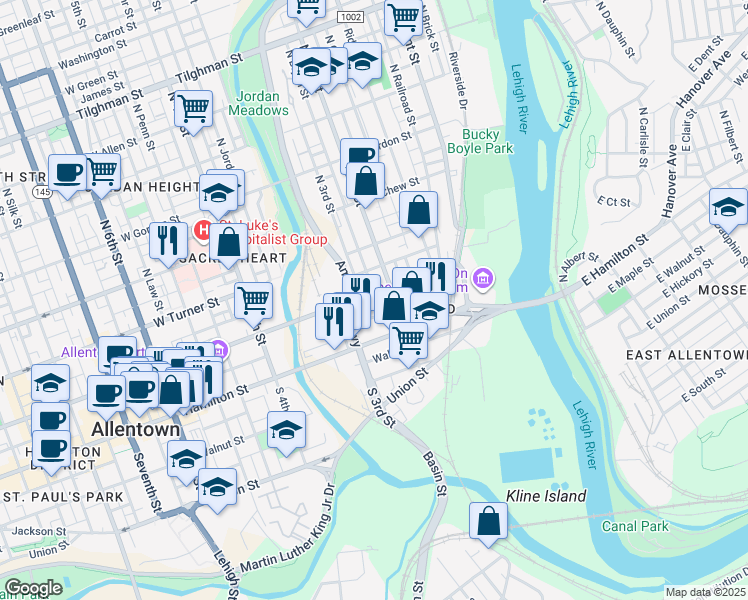map of restaurants, bars, coffee shops, grocery stores, and more near 32 North 2nd Street in Allentown