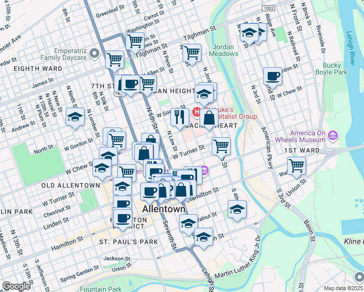 map of restaurants, bars, coffee shops, grocery stores, and more near 212 North 5th Street in Allentown