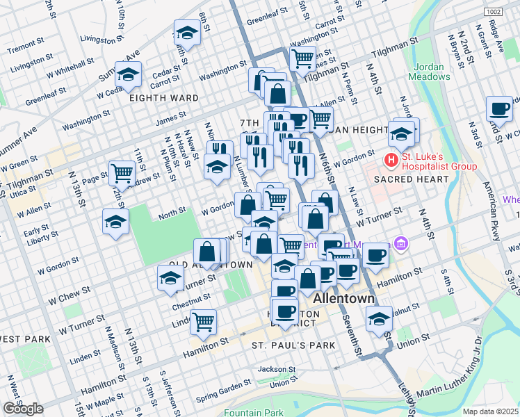 map of restaurants, bars, coffee shops, grocery stores, and more near 336 North Lumber Street in Allentown