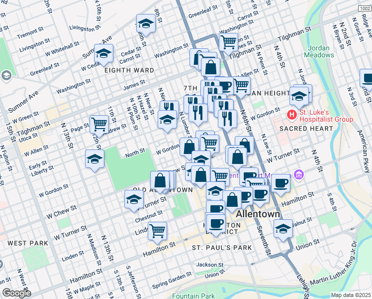 map of restaurants, bars, coffee shops, grocery stores, and more near 336 North Lumber Street in Allentown