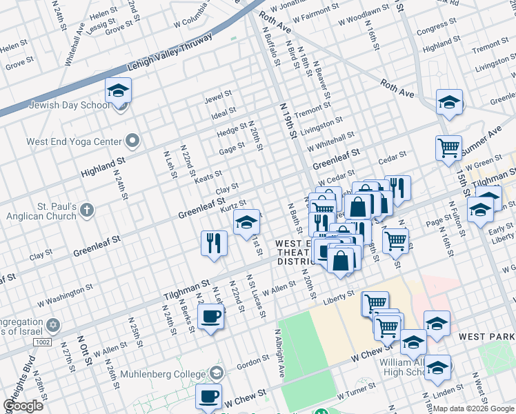map of restaurants, bars, coffee shops, grocery stores, and more near 824 North Saint Elmo Street in Allentown