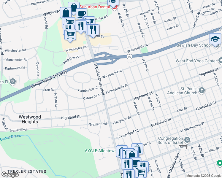 map of restaurants, bars, coffee shops, grocery stores, and more near 3037 Pennsylvania Street in Allentown