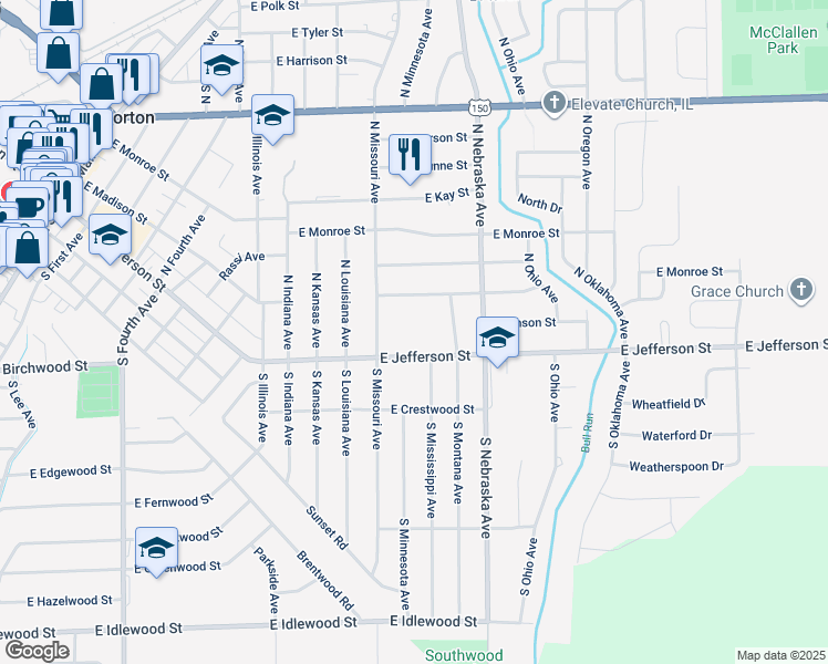 map of restaurants, bars, coffee shops, grocery stores, and more near 935 East Jefferson Street in Morton