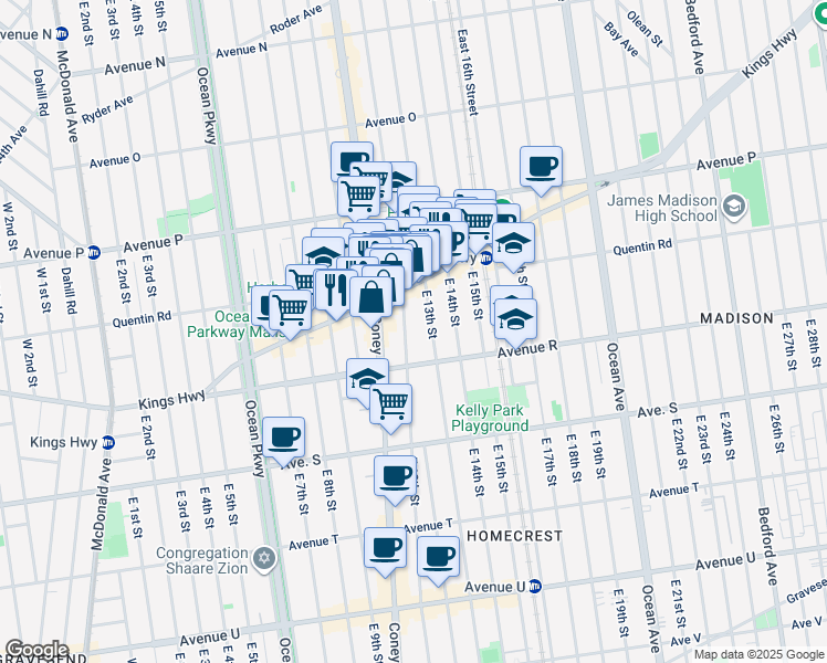 map of restaurants, bars, coffee shops, grocery stores, and more near 1761 East 12th Street in Brooklyn