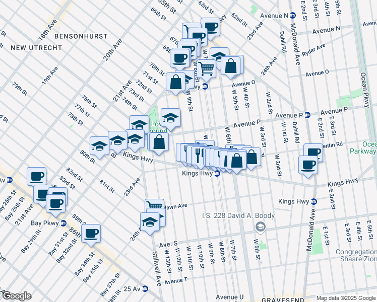map of restaurants, bars, coffee shops, grocery stores, and more near 1647 West 10th Street in Brooklyn
