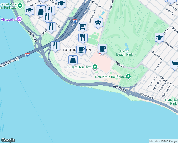 map of restaurants, bars, coffee shops, grocery stores, and more near 360 Doubleday Lane in Brooklyn