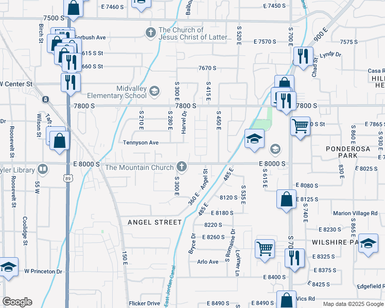 map of restaurants, bars, coffee shops, grocery stores, and more near 7964 Farm House Lane in Midvale