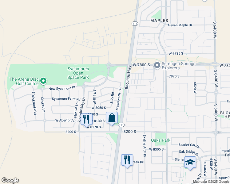 map of restaurants, bars, coffee shops, grocery stores, and more near 7957 Bury Road in West Jordan