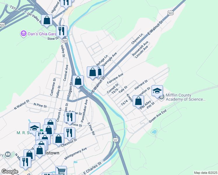 map of restaurants, bars, coffee shops, grocery stores, and more near 41 Monroe Alley in Lewistown