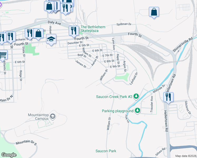 map of restaurants, bars, coffee shops, grocery stores, and more near 862 William Street in Bethlehem