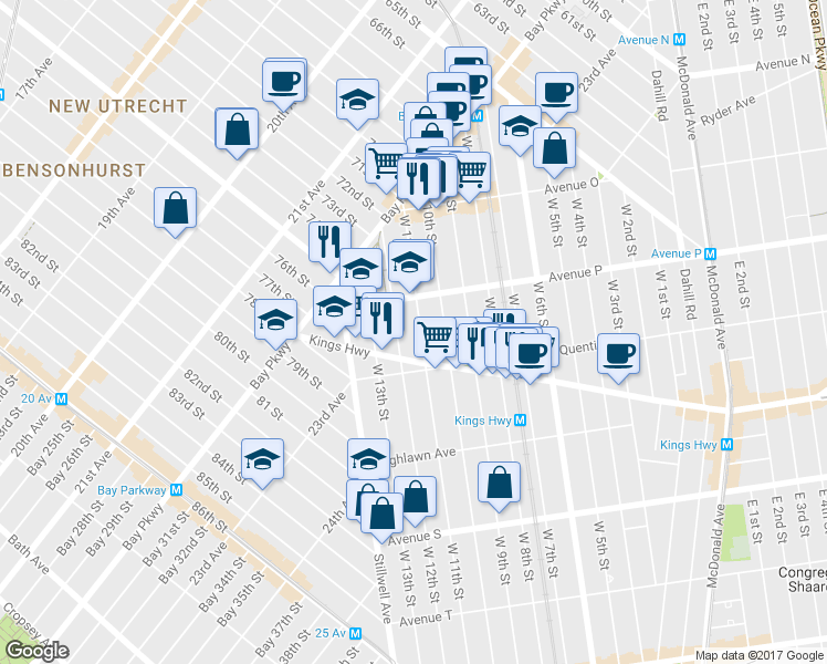 map of restaurants, bars, coffee shops, grocery stores, and more near 1638 West 11th Street in Brooklyn