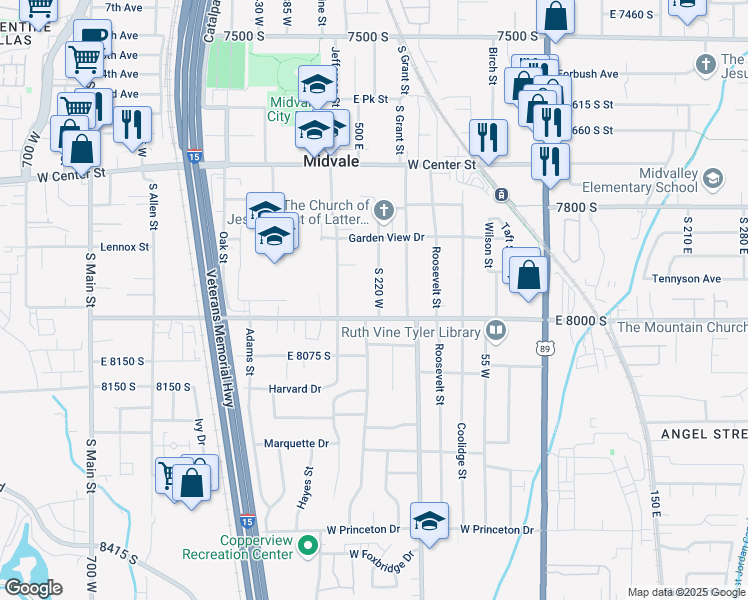 map of restaurants, bars, coffee shops, grocery stores, and more near 7972 Olympus Street in Midvale