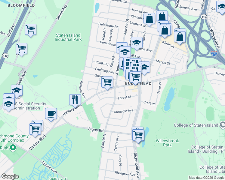 map of restaurants, bars, coffee shops, grocery stores, and more near 456 Arlene Street in Staten Island