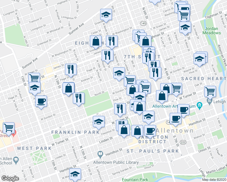 map of restaurants, bars, coffee shops, grocery stores, and more near 951 West Gordon Street in Allentown