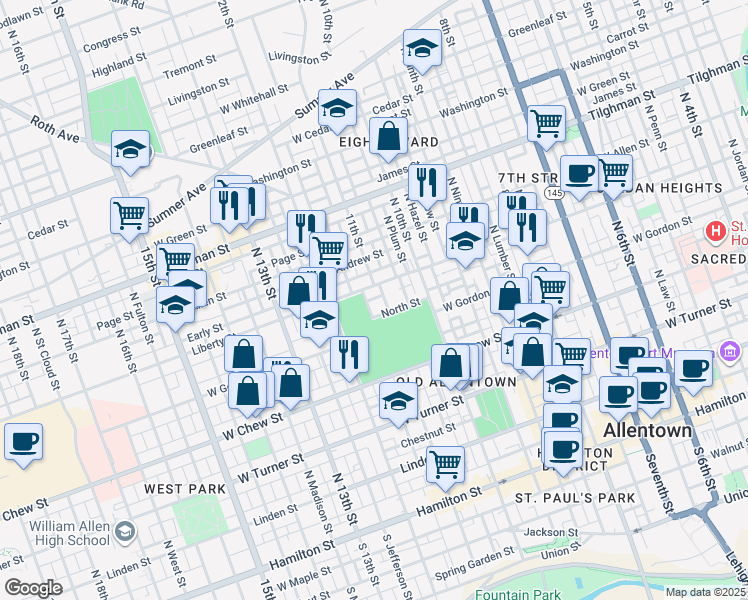 map of restaurants, bars, coffee shops, grocery stores, and more near 436 North 11th Street in Allentown