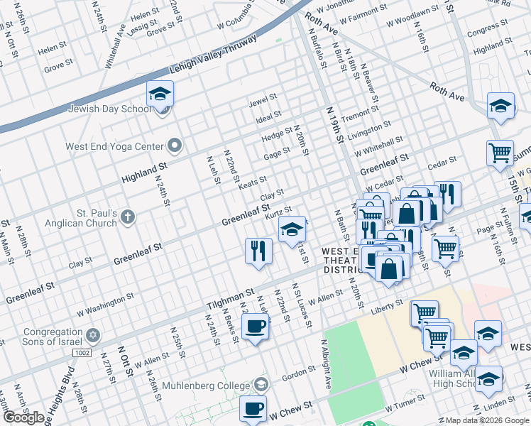 map of restaurants, bars, coffee shops, grocery stores, and more near 2146 Greenleaf Street in Allentown