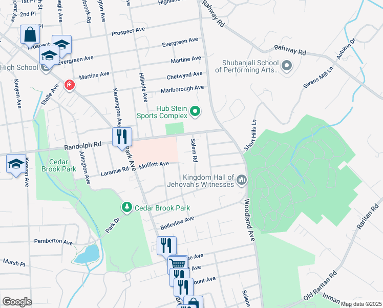 map of restaurants, bars, coffee shops, grocery stores, and more near 1234 Salem Road in Plainfield