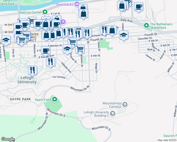 map of restaurants, bars, coffee shops, grocery stores, and more near 702 Hayes Street in Bethlehem