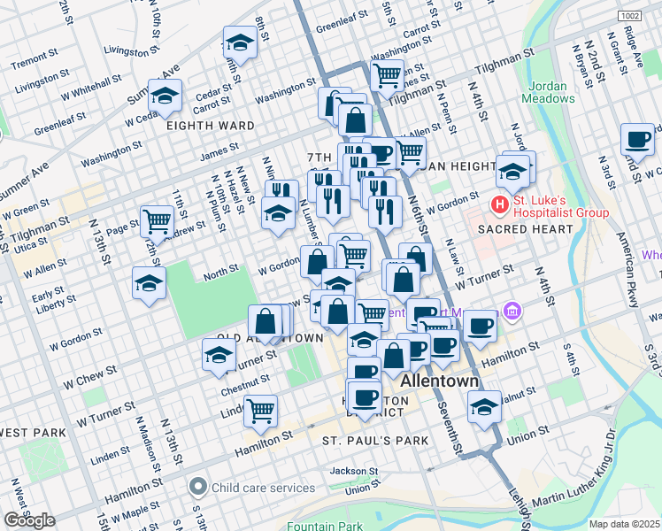map of restaurants, bars, coffee shops, grocery stores, and more near 327 North Lumber Street in Allentown