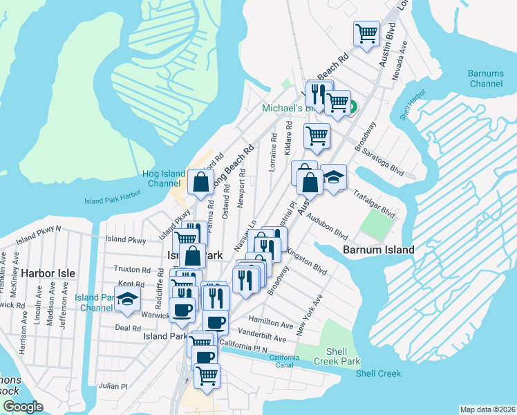 map of restaurants, bars, coffee shops, grocery stores, and more near 17 Marina Road in Island Park