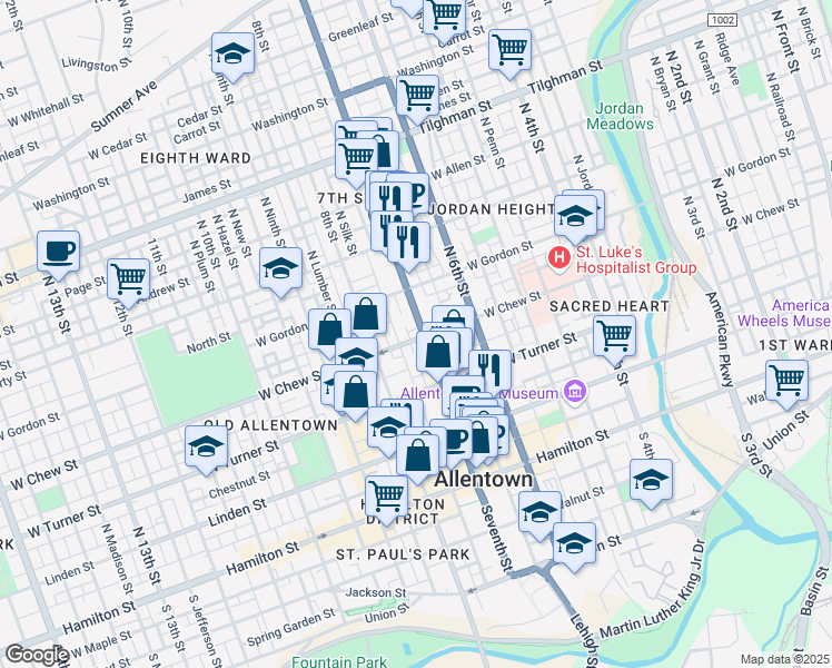 map of restaurants, bars, coffee shops, grocery stores, and more near 304 N 7th St in Allentown
