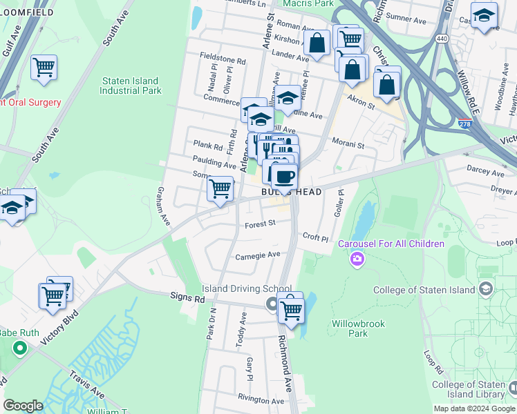 map of restaurants, bars, coffee shops, grocery stores, and more near 16 Jones Street in Staten Island