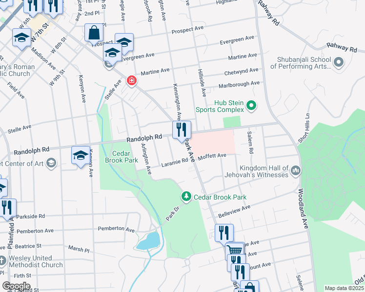 map of restaurants, bars, coffee shops, grocery stores, and more near 1220 Park Avenue in Plainfield