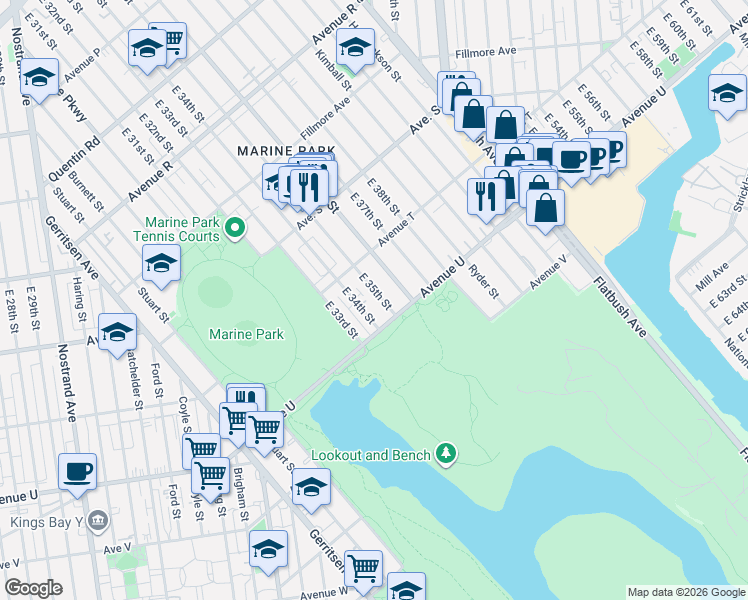 map of restaurants, bars, coffee shops, grocery stores, and more near 2164 East 35th Street in Brooklyn