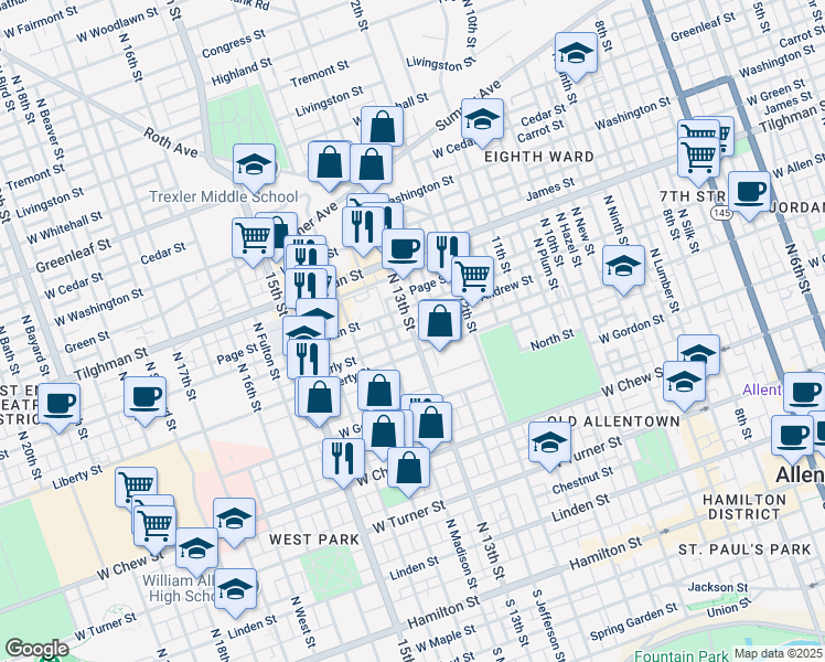 map of restaurants, bars, coffee shops, grocery stores, and more near 520 N 13th St in Allentown