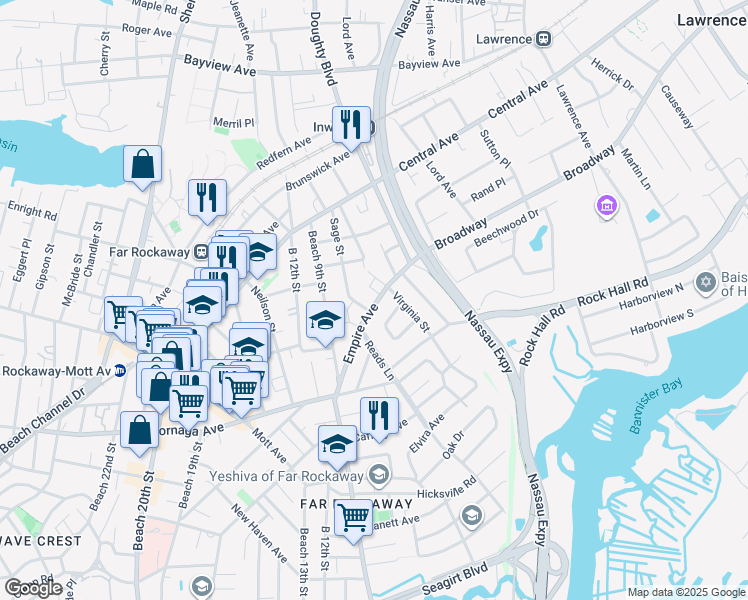 map of restaurants, bars, coffee shops, grocery stores, and more near 728 Empire Avenue in Queens
