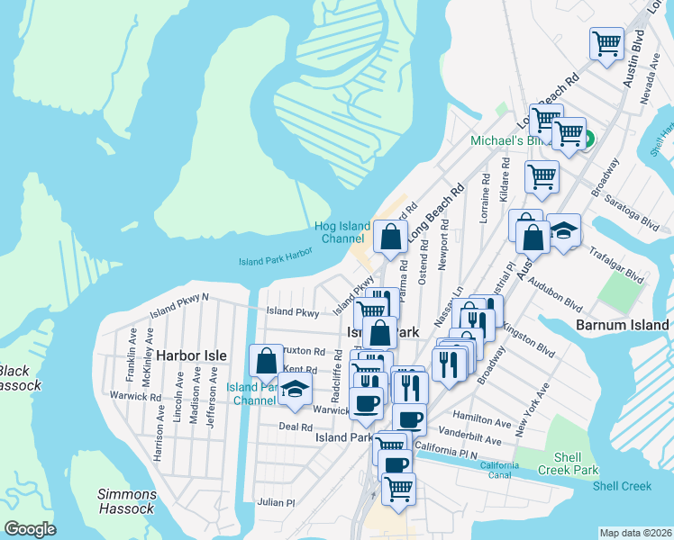 map of restaurants, bars, coffee shops, grocery stores, and more near 42 Roosevelt Place in Island Park