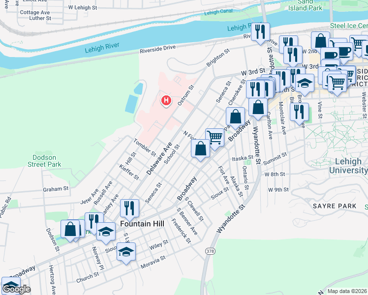 map of restaurants, bars, coffee shops, grocery stores, and more near 827 Seneca Street in Fountain Hill
