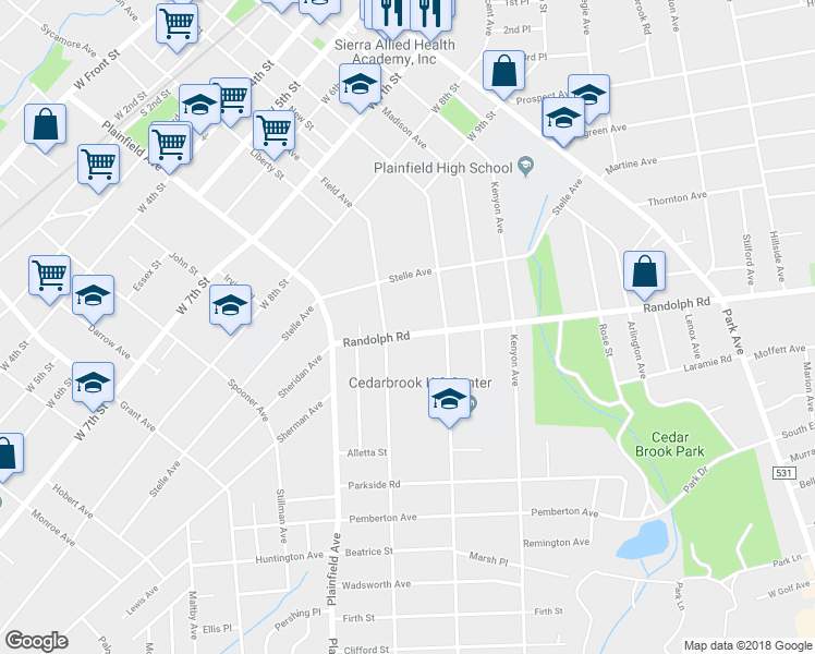 map of restaurants, bars, coffee shops, grocery stores, and more near 428 Randolph Road in Plainfield