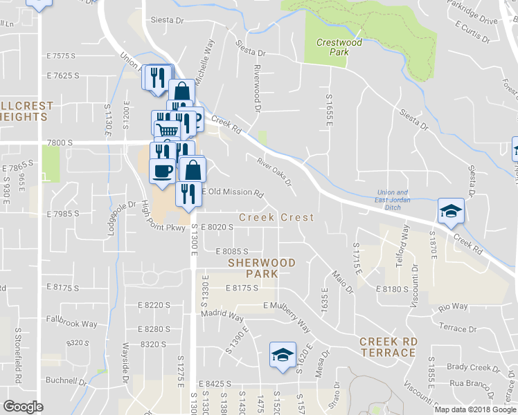 map of restaurants, bars, coffee shops, grocery stores, and more near 1473 Valley Ridge Drive in Sandy