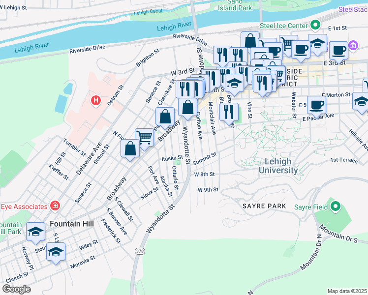 map of restaurants, bars, coffee shops, grocery stores, and more near 616 Wyandotte Street in Bethlehem