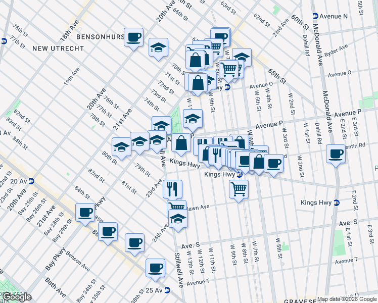 map of restaurants, bars, coffee shops, grocery stores, and more near 1638 West 11th Street in Brooklyn