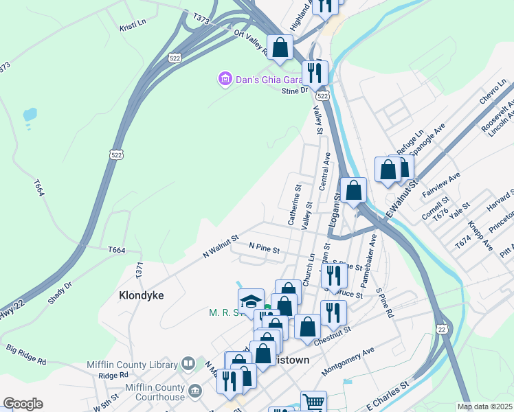 map of restaurants, bars, coffee shops, grocery stores, and more near 35 Walnut View Drive in Lewistown