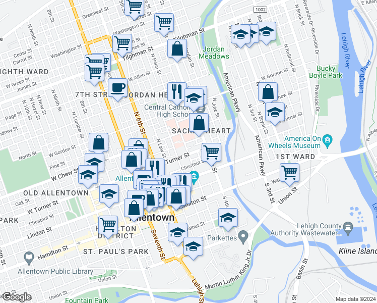 map of restaurants, bars, coffee shops, grocery stores, and more near 441 West Turner Street in Allentown
