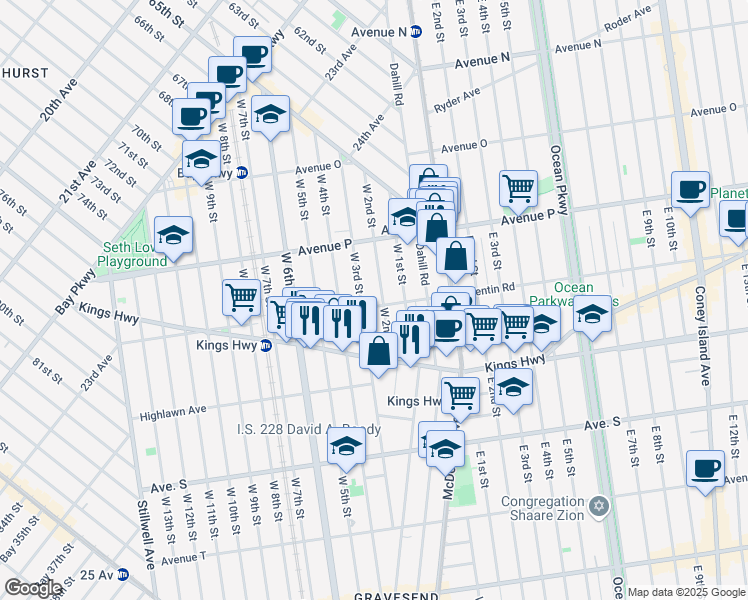 map of restaurants, bars, coffee shops, grocery stores, and more near 279 Quentin Road in Brooklyn